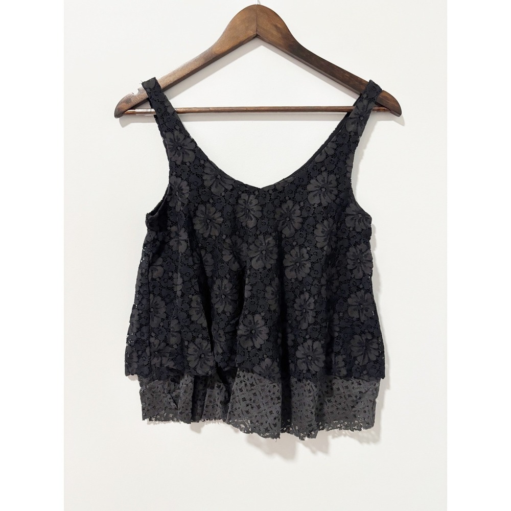 American Eagle Tank Top Women XS Black Floral Lace Tiered Sleeveless V-Neck